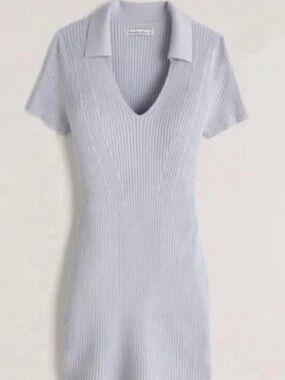 Abercrombie & Fitch Elevated Ribbed V-Neck Mini Dress in Light Blue NEW